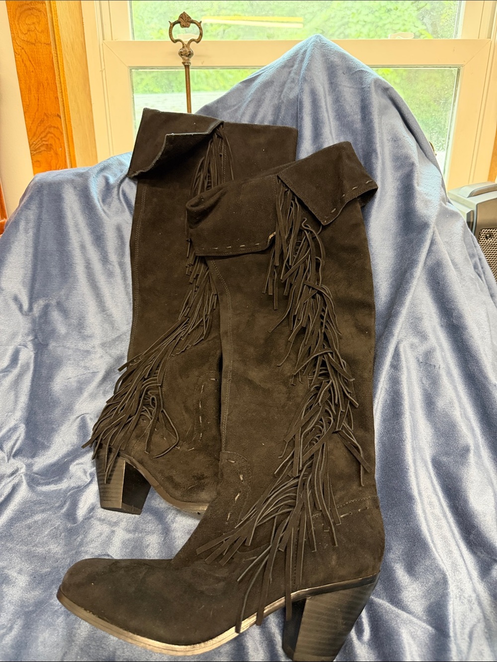 Sam Edelman Black Suede Over-the-Knee Fringe Boots